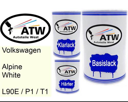 Volkswagen, Alpine White, L90E / P1 / T1: 500ml Lackdose + 500ml Klarlack + 250ml Härter - Set, von ATW Autoteile West.